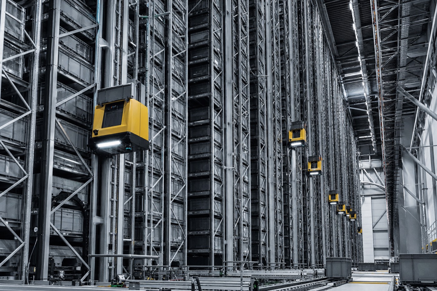 Kleine robots in een cube storage-systeem