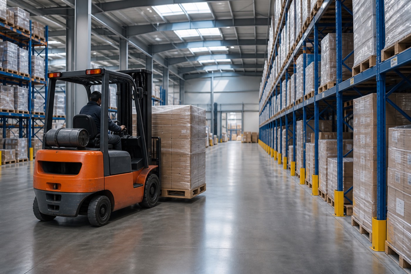 Heftruck verplaatst een pallet in een modern magazijn