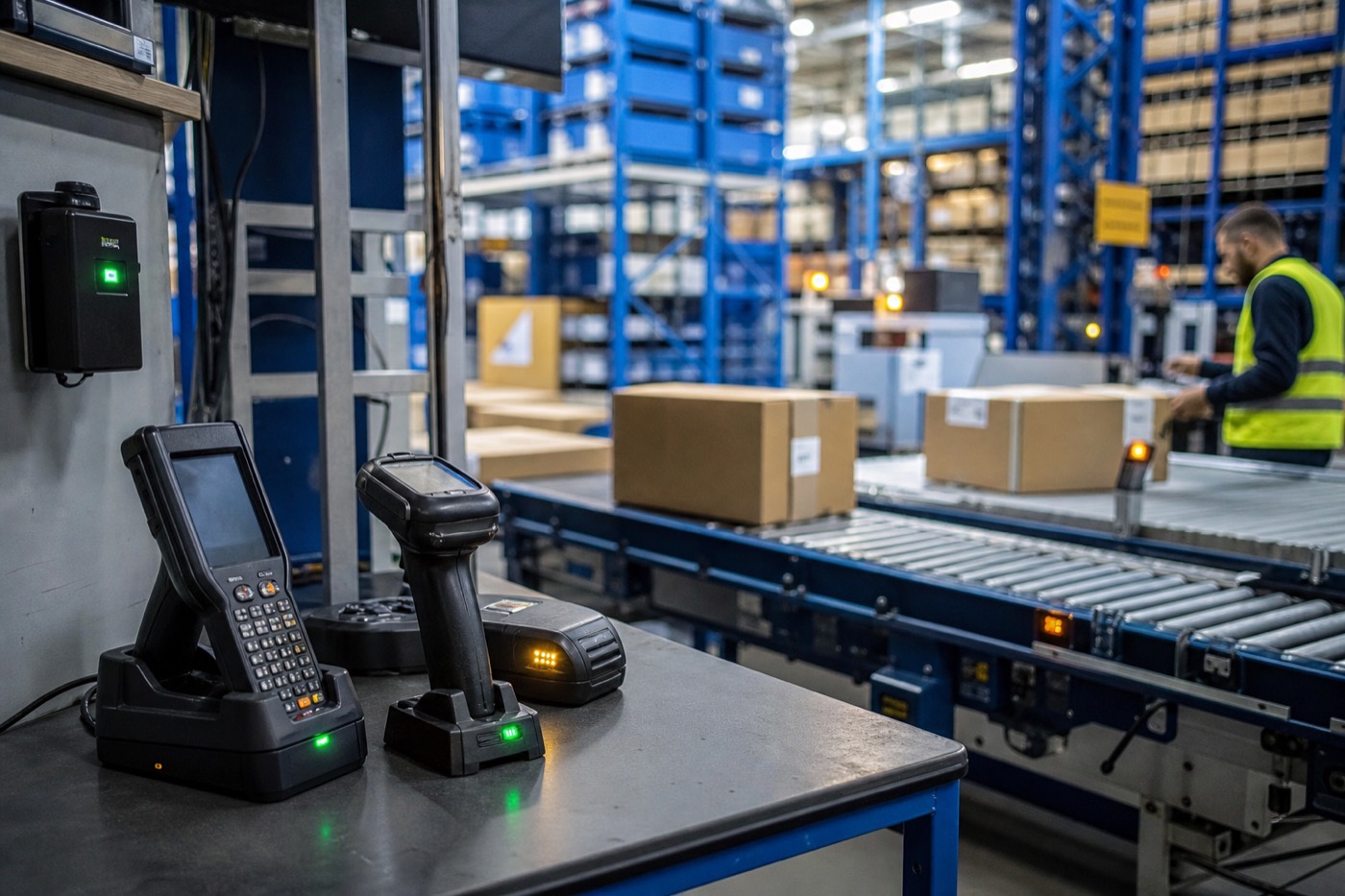 Barcode scanners en indicatorlampjes op een werkstation in het magazijn