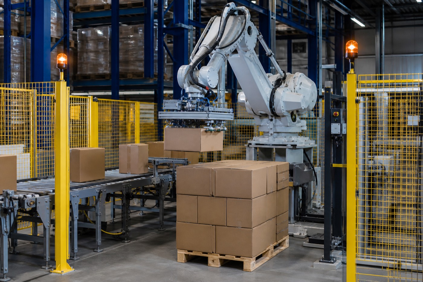 Robotarm die dozen op een pallet stapelt