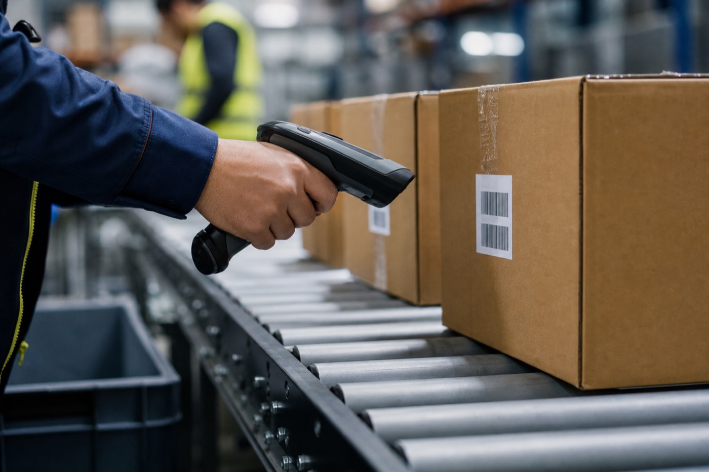 Medewerker scant dozen op een transportband in het magazijn